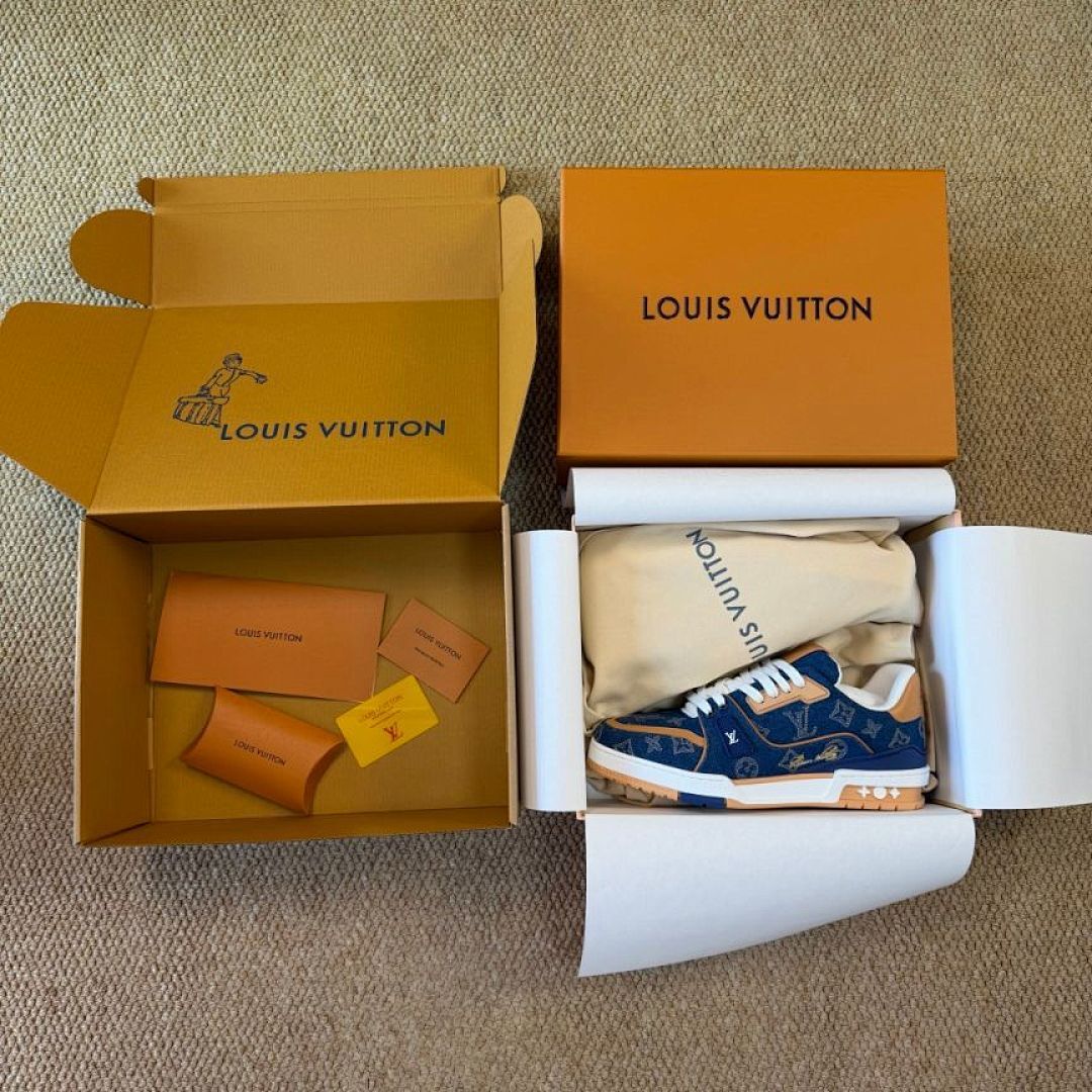 Louis Vuitton LV Trainer Sneaker Blue Monogram Denim with Natural Leather Trim