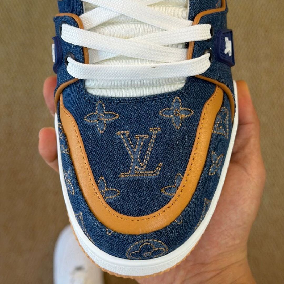Louis Vuitton LV Trainer Sneaker Blue Monogram Denim with Natural Leather Trim