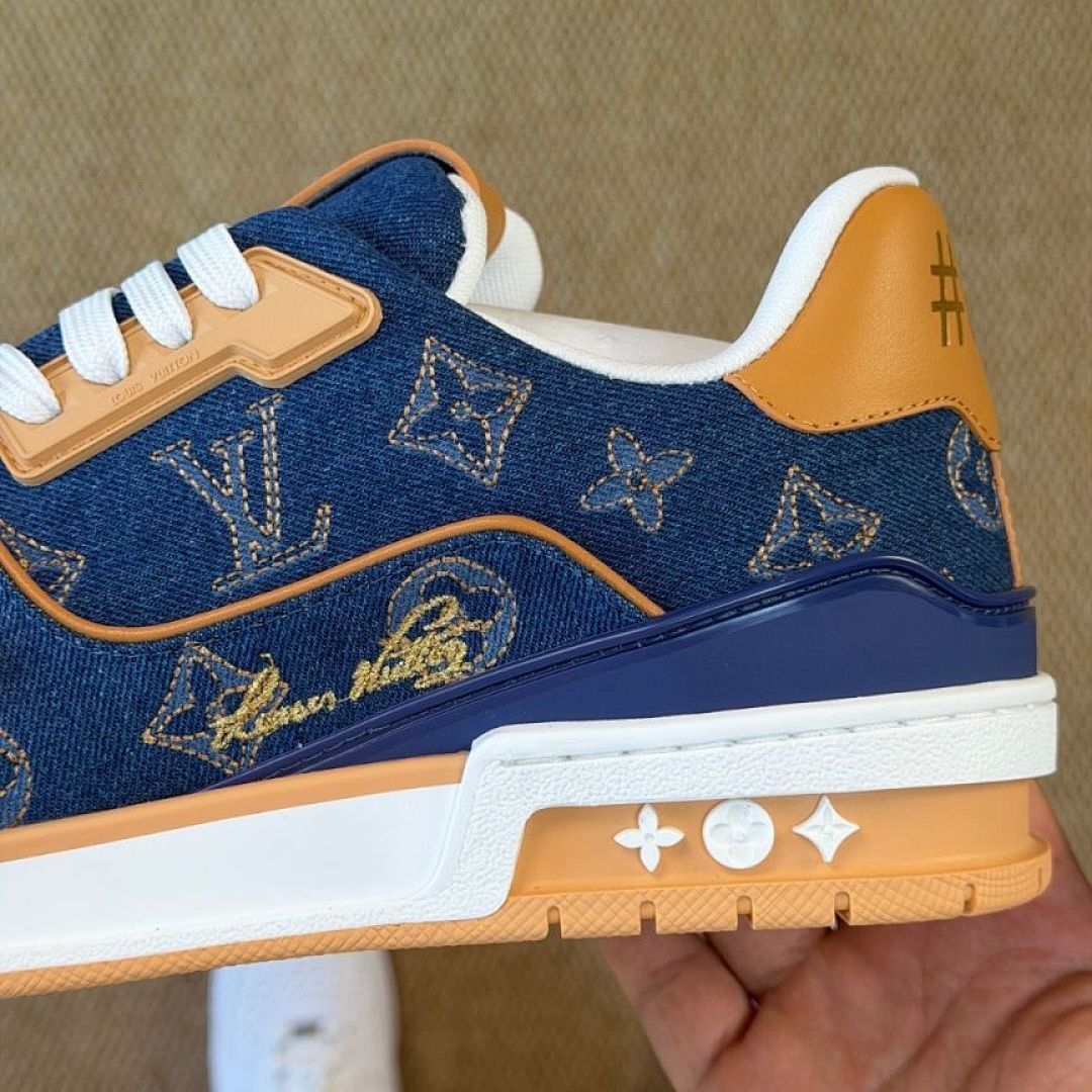 Louis Vuitton LV Trainer Sneaker Blue Monogram Denim with Natural Leather Trim