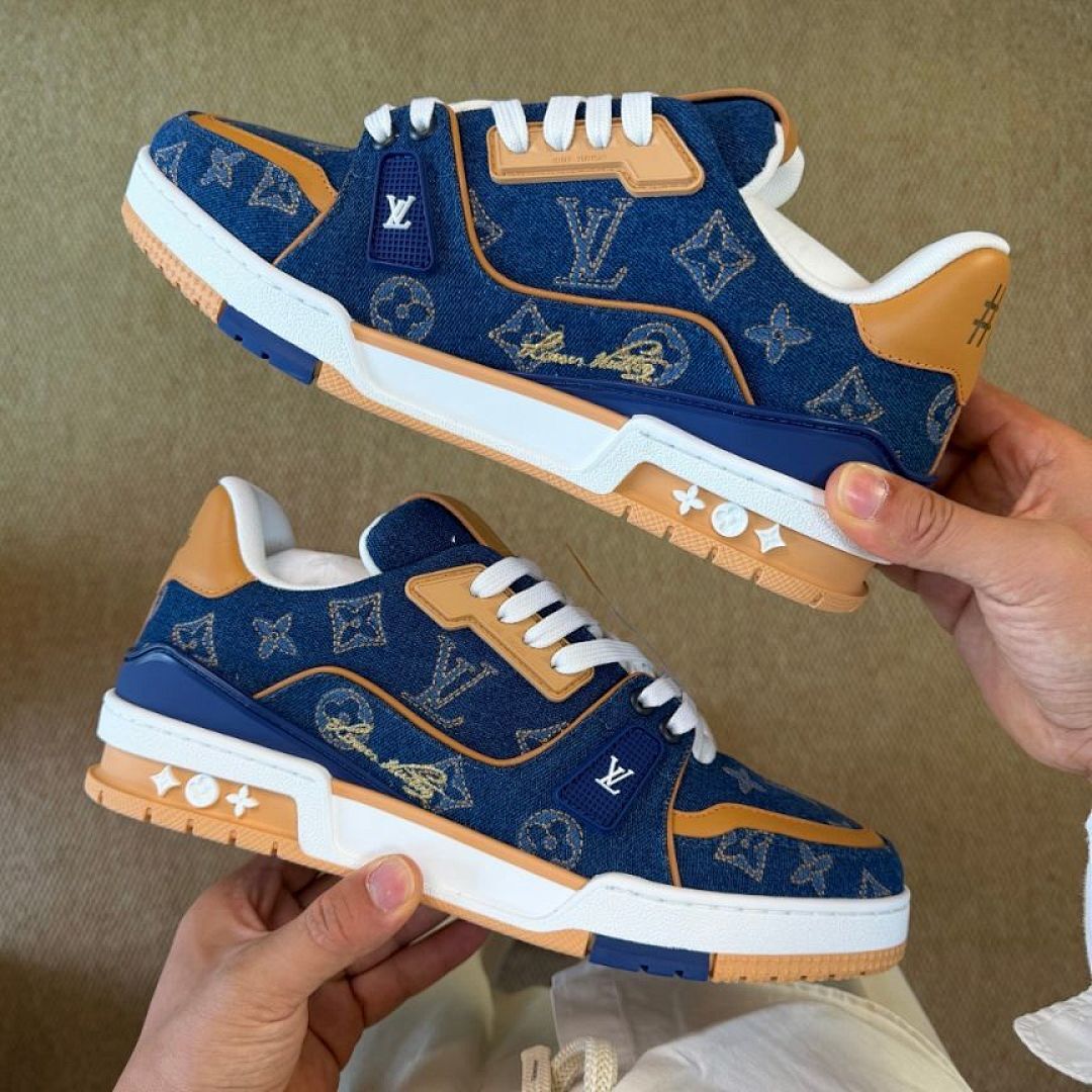Louis Vuitton LV Trainer Sneaker Blue Monogram Denim with Natural Leather Trim