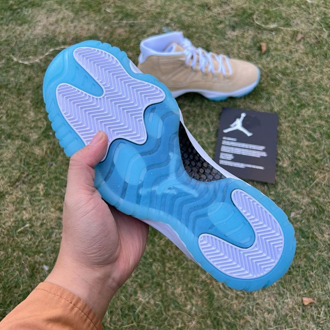 Nike Air Jordan 11 Retro Premium Heiress "Wheat" Women's Sneakers - Tan Suede, Metallic Gold Jumpman, Icy Blue Outsole (852625-700)