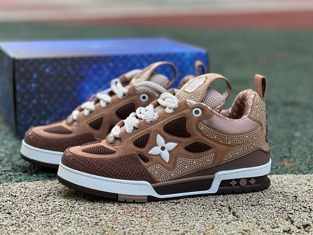 Louis Vuitton LV Trainer Crystal Strass Studded Brown Suede Sneakers 1A9Z62