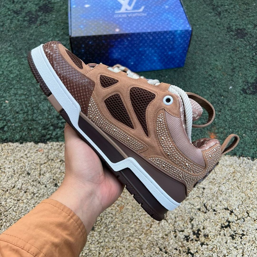 Louis Vuitton LV Trainer Crystal Strass Studded Brown Suede Sneakers 1A9Z62