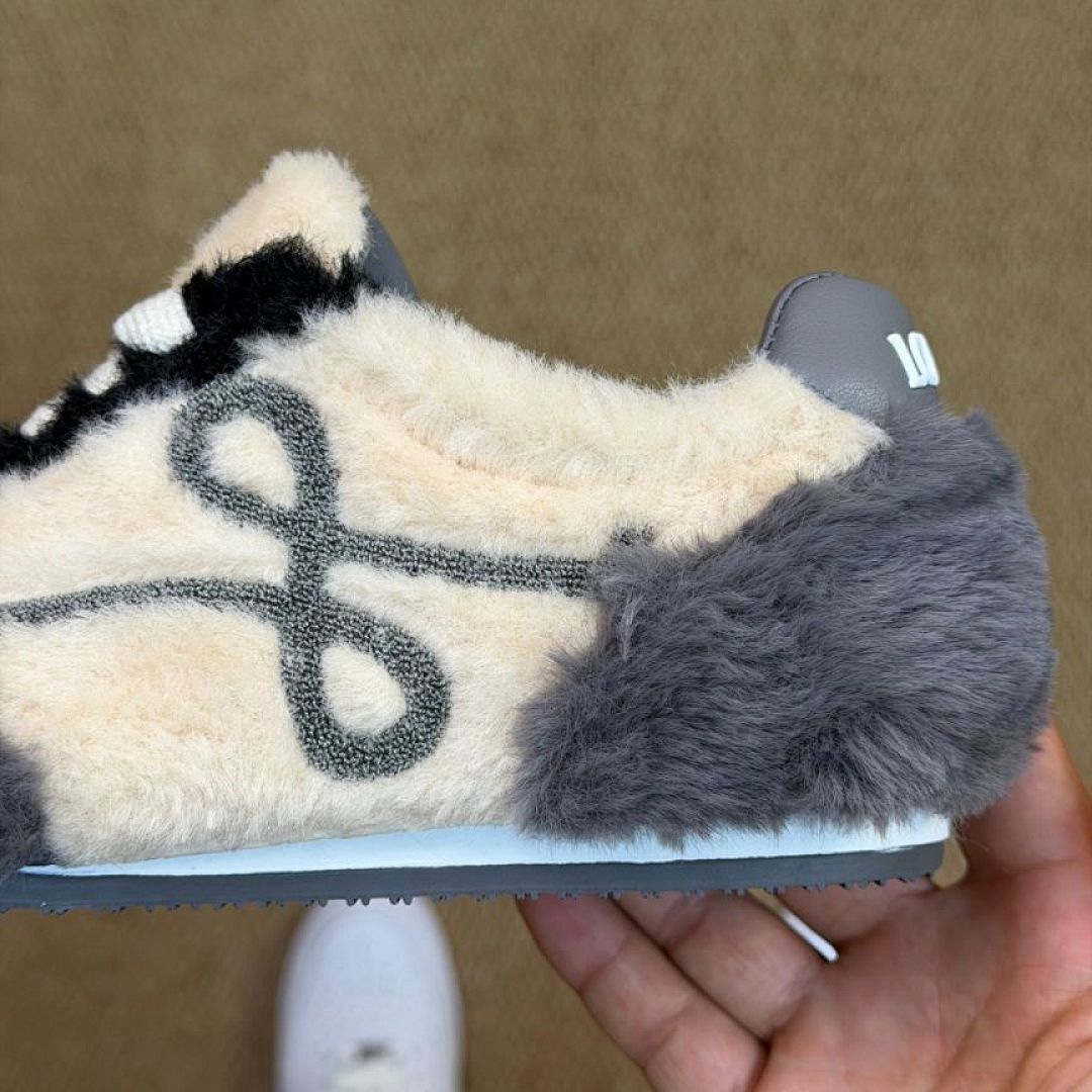 LOEWE Flow Runner Shearling Sneakers Ecru Dark Grey Luxury Designer Trainers