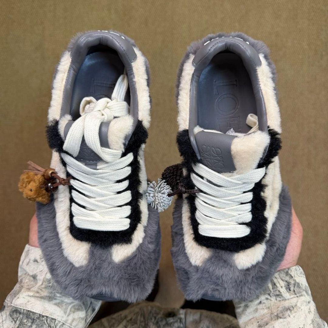 LOEWE Flow Runner Shearling Sneakers Ecru Dark Grey Luxury Designer Trainers