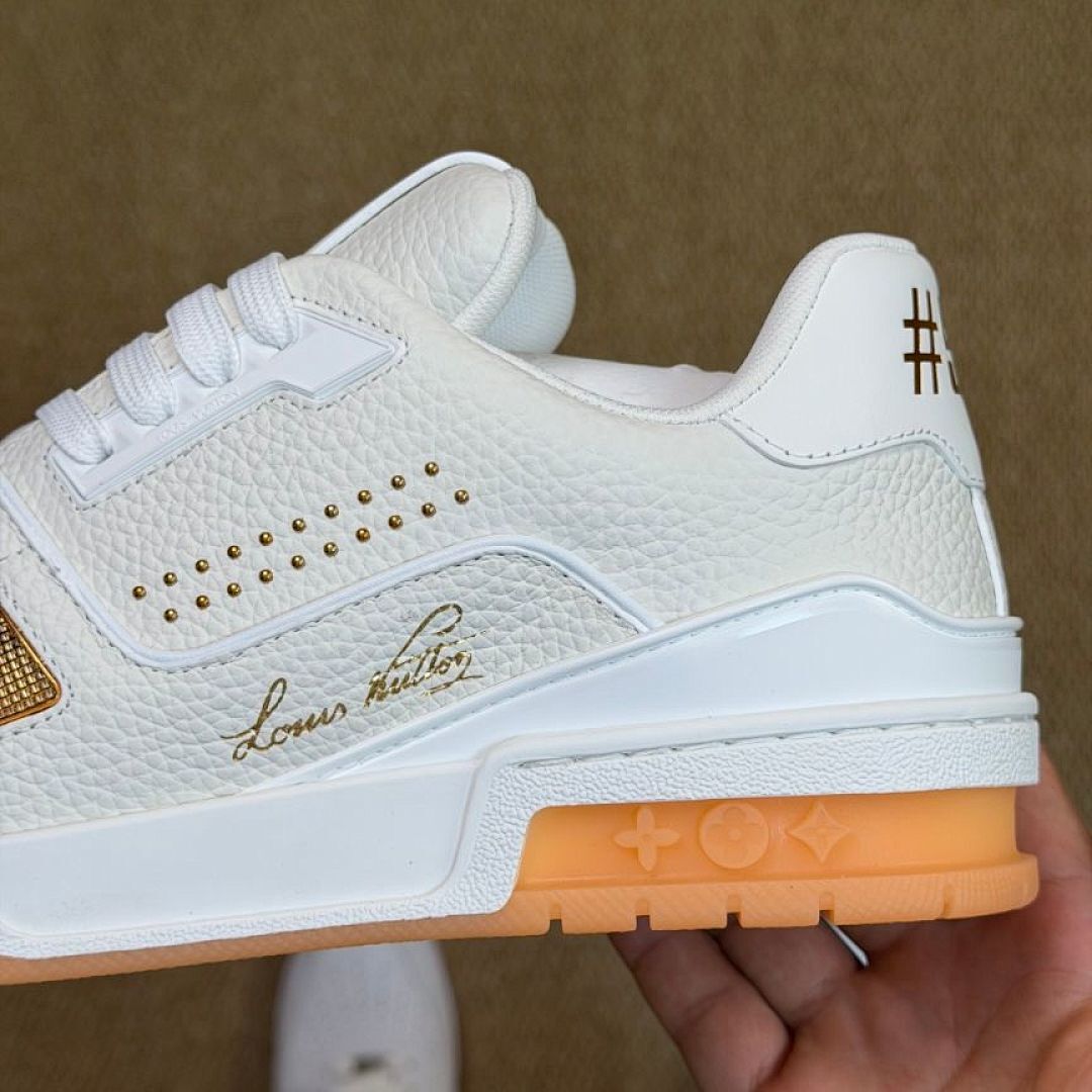 Louis Vuitton LV Trainer Sneaker White Gold Orange Sole Luxury Men's Shoes, Louis Vuitton LV Trainer Sneaker White Gold 1A9Z6M