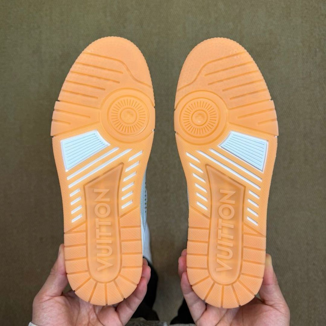 Louis Vuitton LV Trainer Sneaker White Gold Orange Sole Luxury Men's Shoes, Louis Vuitton LV Trainer Sneaker White Gold 1A9Z6M