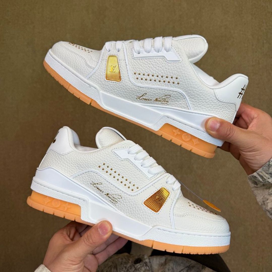 Louis Vuitton LV Trainer Sneaker White Gold Orange Sole Luxury Men's Shoes, Louis Vuitton LV Trainer Sneaker White Gold 1A9Z6M