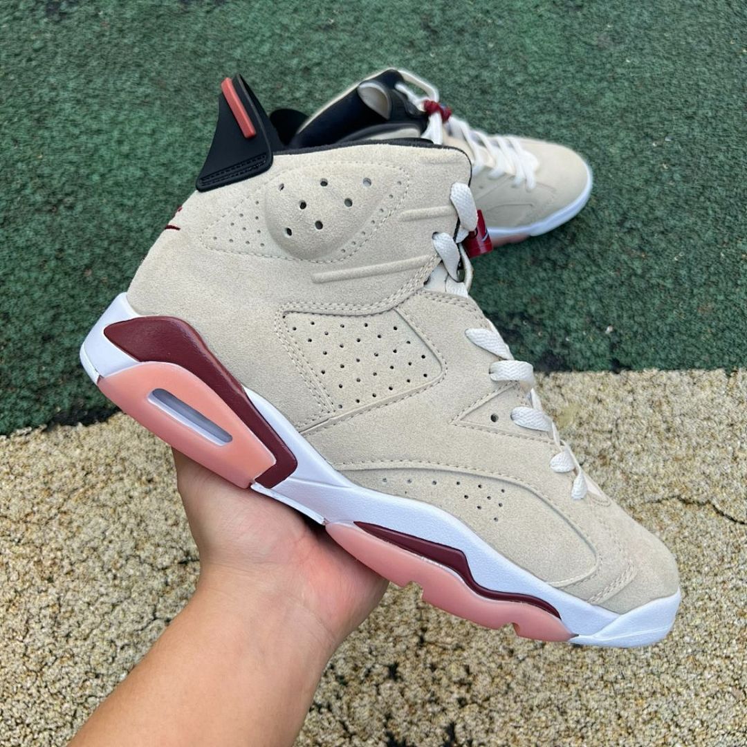 Nike Air Jordan 6 Retro Light Bone Burgundy Pink Suede Sneakers