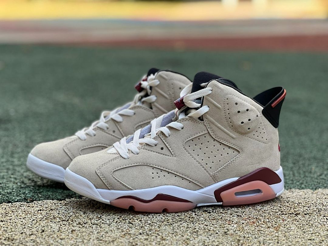 Nike Air Jordan 6 Retro Light Bone Burgundy Pink Suede Sneakers
