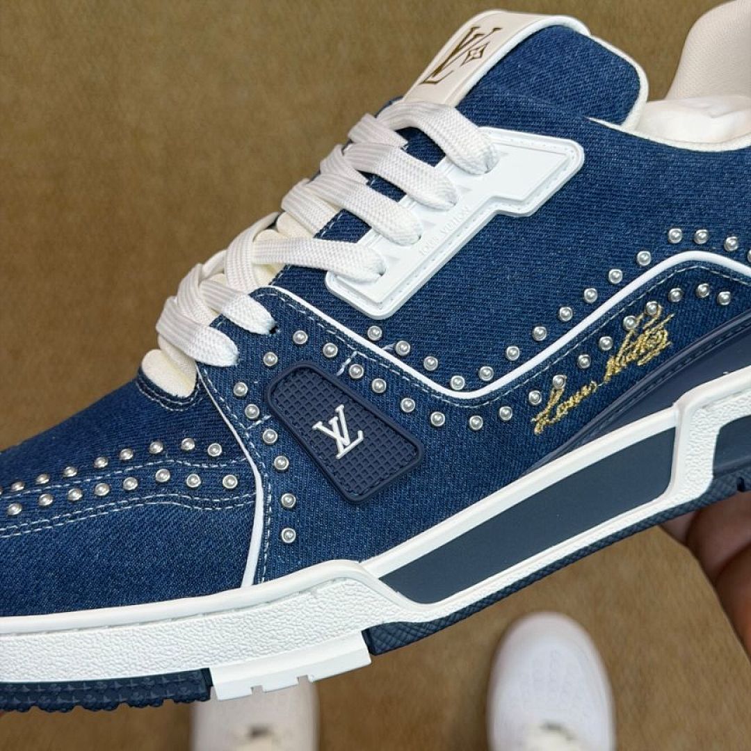 Louis Vuitton LV Trainer Studded Denim Blue Men's Sneaker 1A9Z78