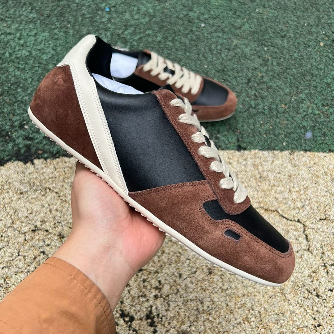 Brown Black Cream Suede Leather Low Top Casual Sneakers
