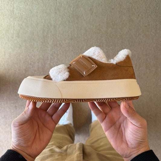 GOODBYE LULU Lamb Wool Suede Fluffy Platform Slippers Brown Shearling Mules Slip-On
