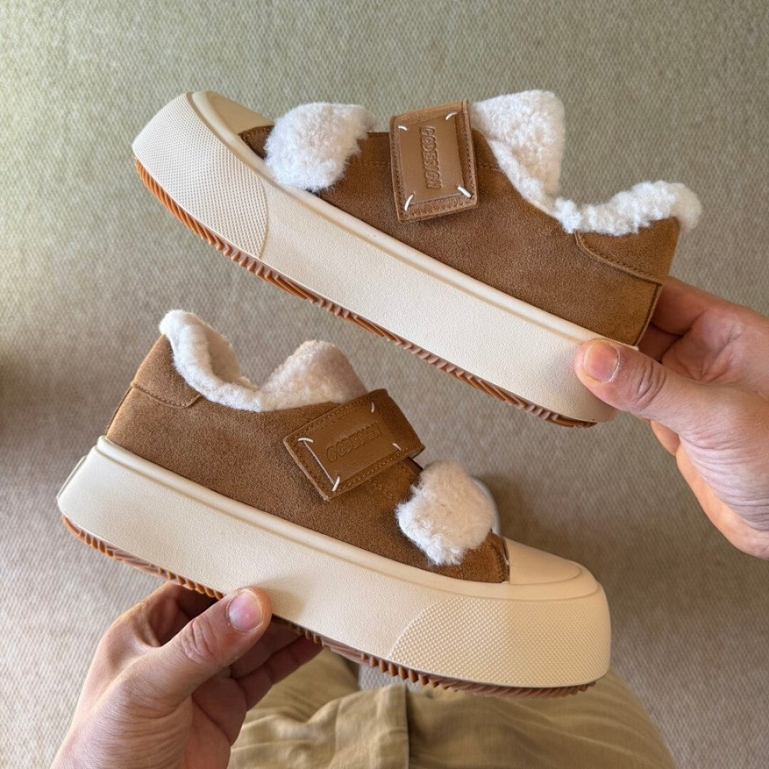 GOODBYE LULU Lamb Wool Suede Fluffy Platform Slippers Brown Shearling Mules Slip-On