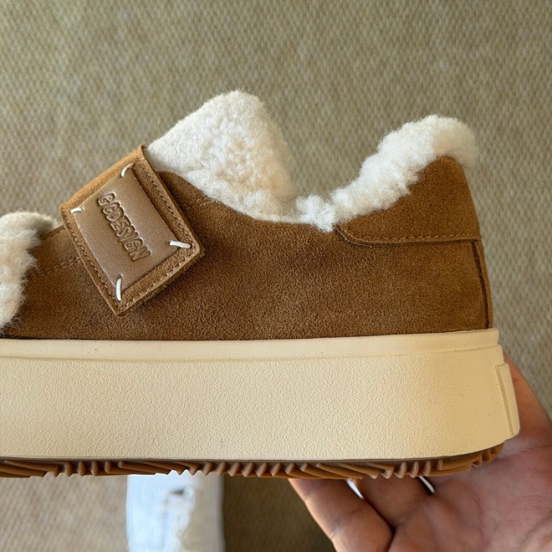 GOODBYE LULU Lamb Wool Suede Fluffy Platform Slippers Brown Shearling Mules Slip-On