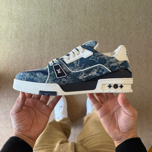 Louis Vuitton LV Trainer Sneaker Washed Denim Monogram Blue Men's Shoes 1A8Z69
