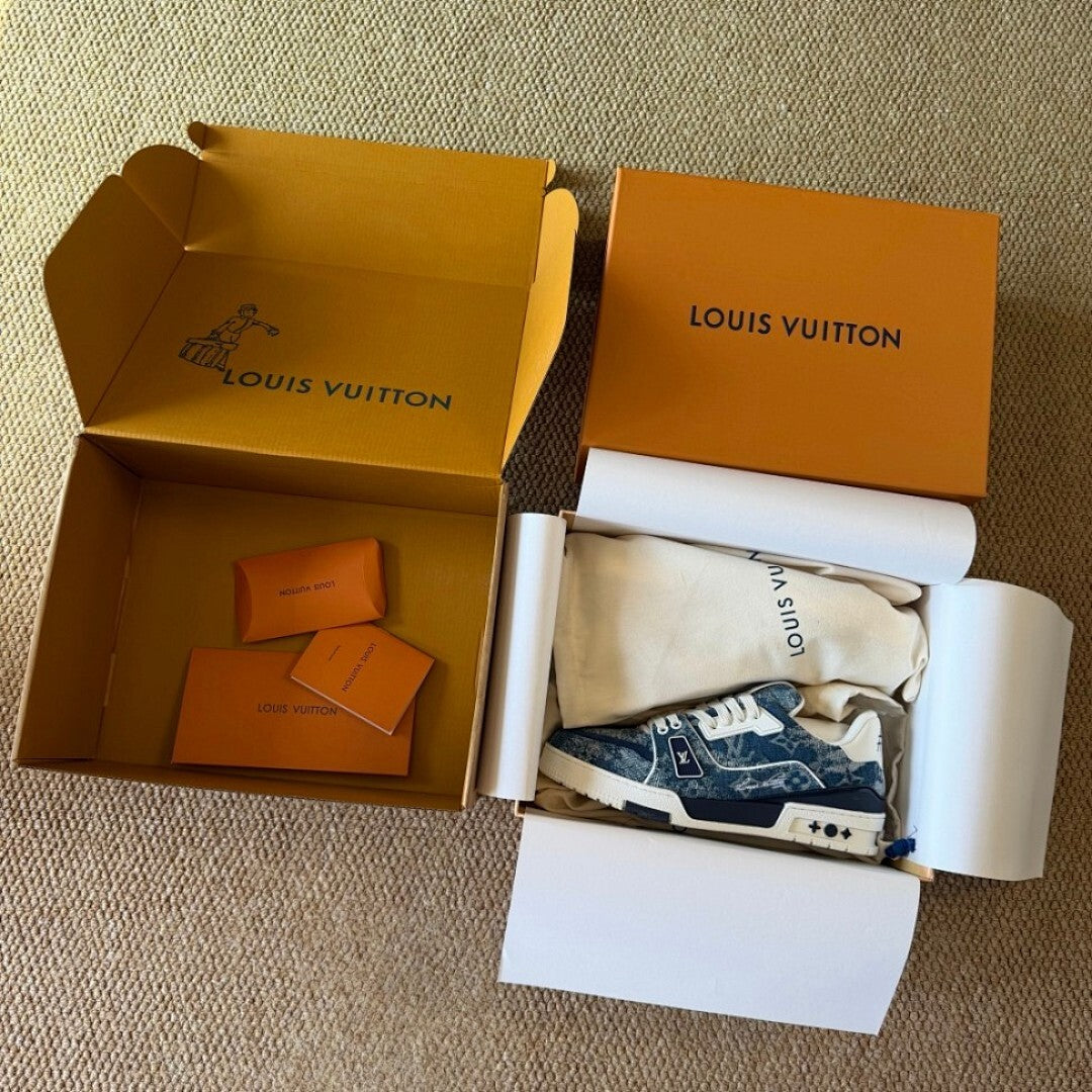 Louis Vuitton LV Trainer Sneaker Washed Denim Monogram Blue Men's Shoes 1A8Z69