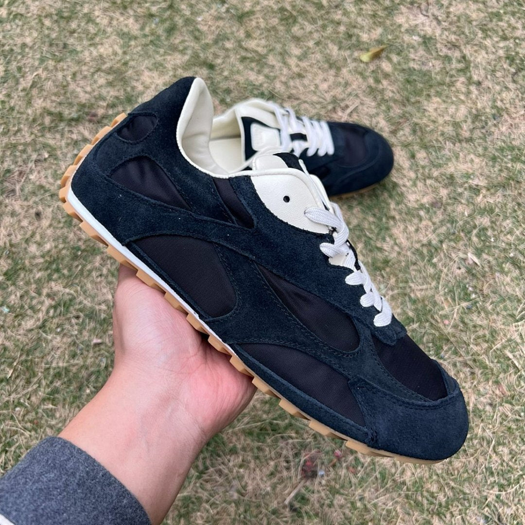 Men's Black Retro Runner Sneakers - Suede Nylon Upper & Gum Sole