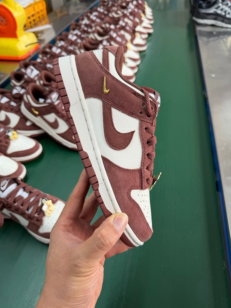 Nike Dunk Low Velvet Brown Sail Metallic Gold Mini Swoosh Premium Suede Leather Sneakers