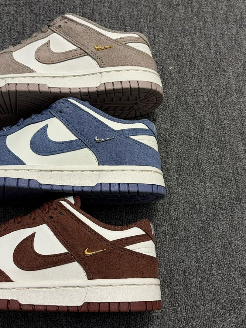 Nike Dunk Low Velvet Brown Sail Metallic Gold Mini Swoosh Premium Suede Leather Sneakers