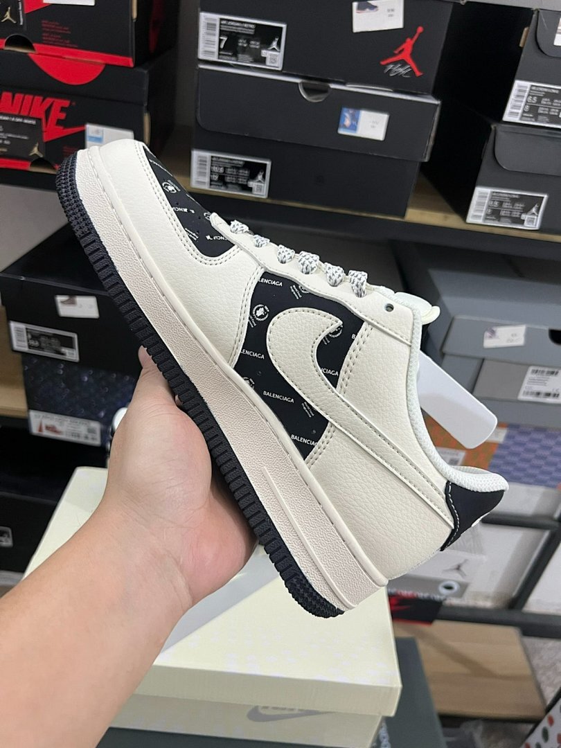 Nike Air Force 1 Low Custom Balenciaga Monogram Cream Black Red Sneakers