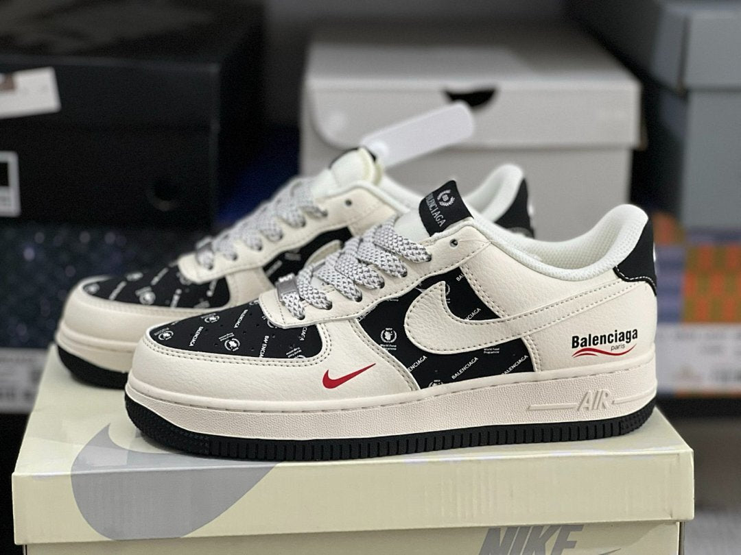 Nike Air Force 1 Low Custom Balenciaga Monogram Cream Black Red Sneakers