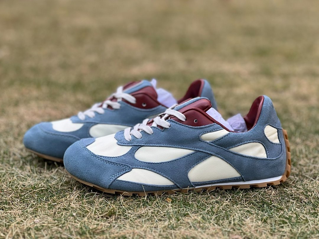 Classic Retro Suede Runner Trainers - Dusty Blue Cream Burgundy - Gum Sole