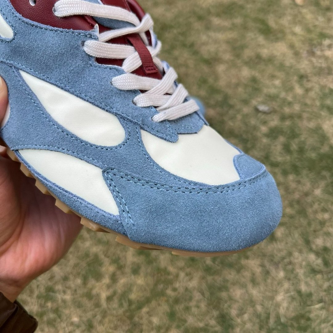 Classic Retro Suede Runner Trainers - Dusty Blue Cream Burgundy - Gum Sole