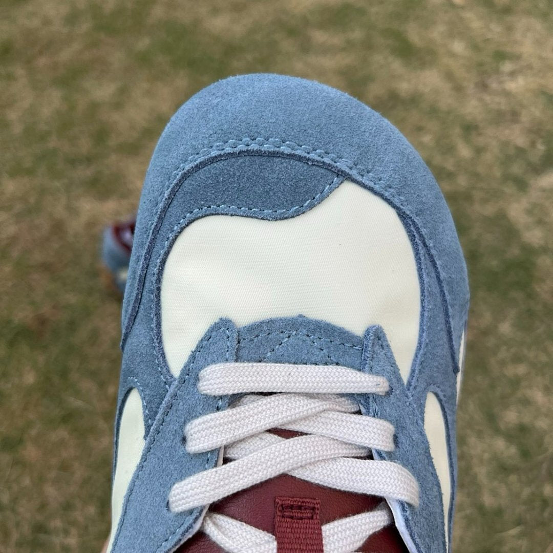 Classic Retro Suede Runner Trainers - Dusty Blue Cream Burgundy - Gum Sole