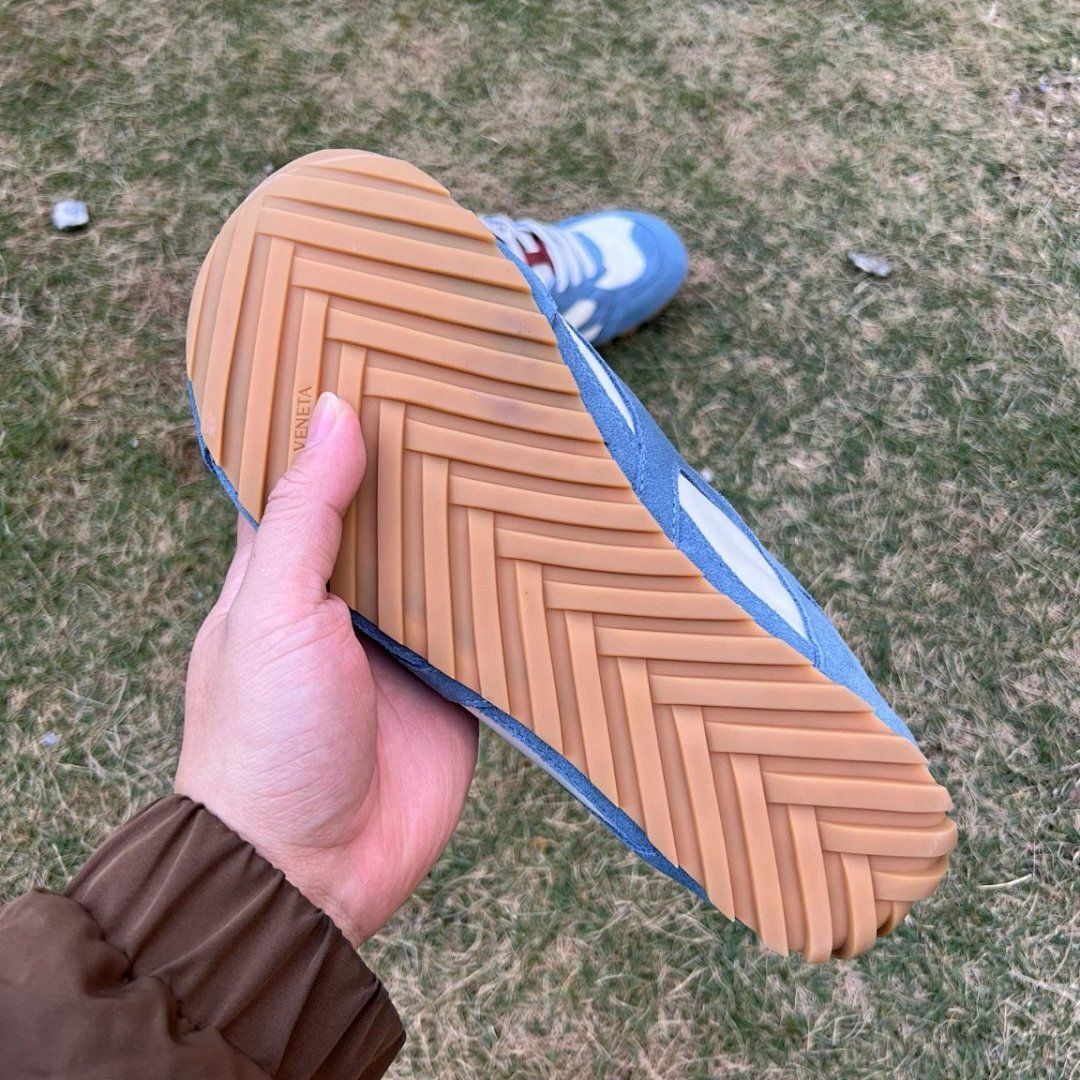 Classic Retro Suede Runner Trainers - Dusty Blue Cream Burgundy - Gum Sole