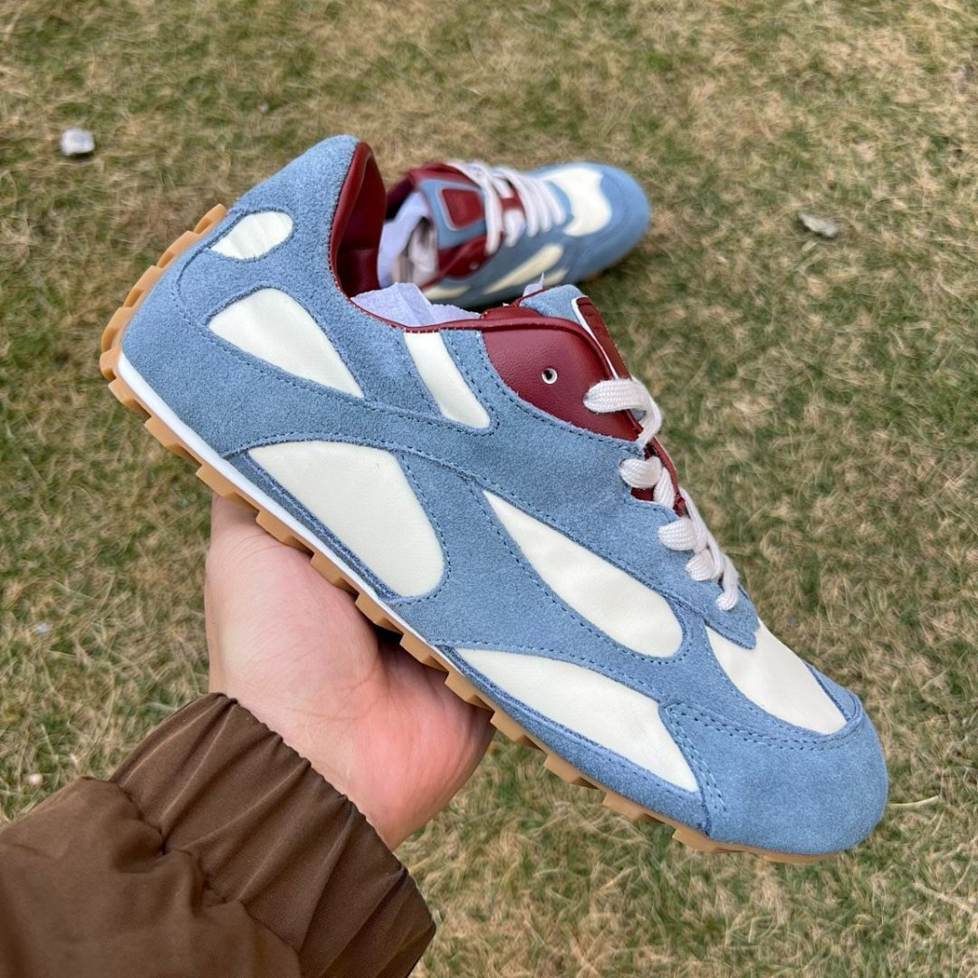 Classic Retro Suede Runner Trainers - Dusty Blue Cream Burgundy - Gum Sole