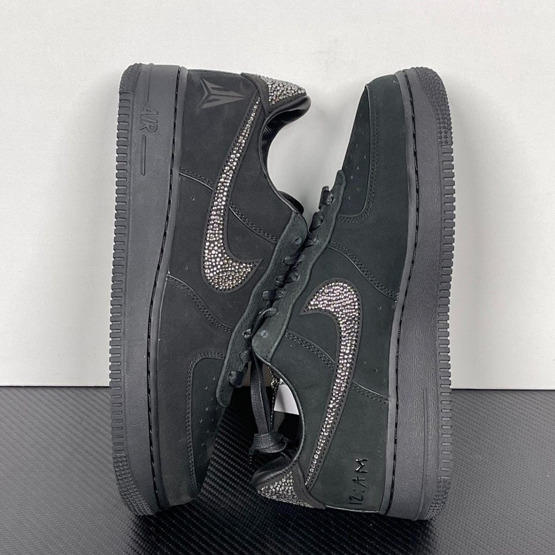 Nike Air Force 1 '07 Low Triple Black Custom Swarovski Crystal Bling Sneakers CW2288-001 with Embossed Heel Logo