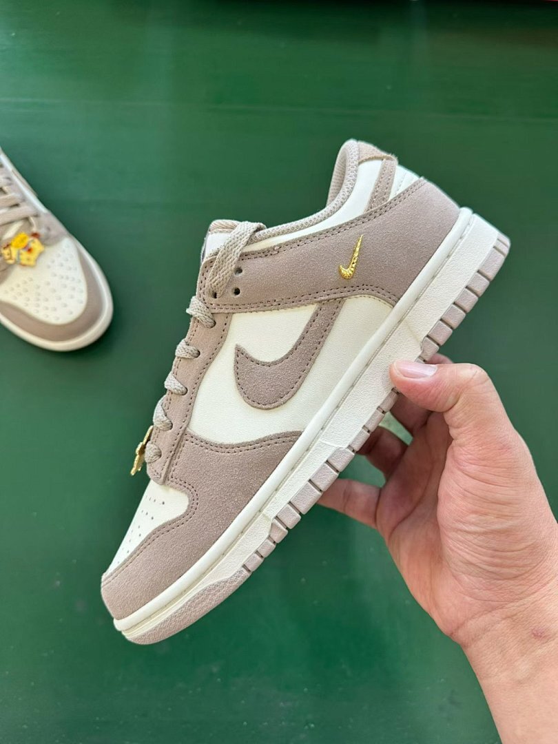 Nike Dunk Low 'Light Orewood Brown' Gold Mini Swoosh Sneakers FD0793-100