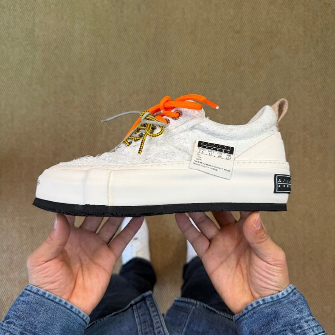 High Culture Deconstructed White Frayed Canvas Chunky Platform Sneakers with Orange Laces