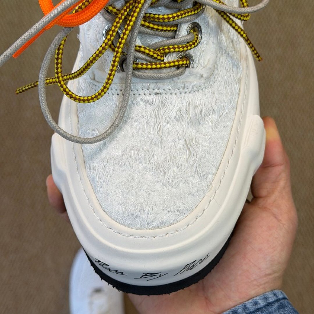 High Culture Deconstructed White Frayed Canvas Chunky Platform Sneakers with Orange Laces