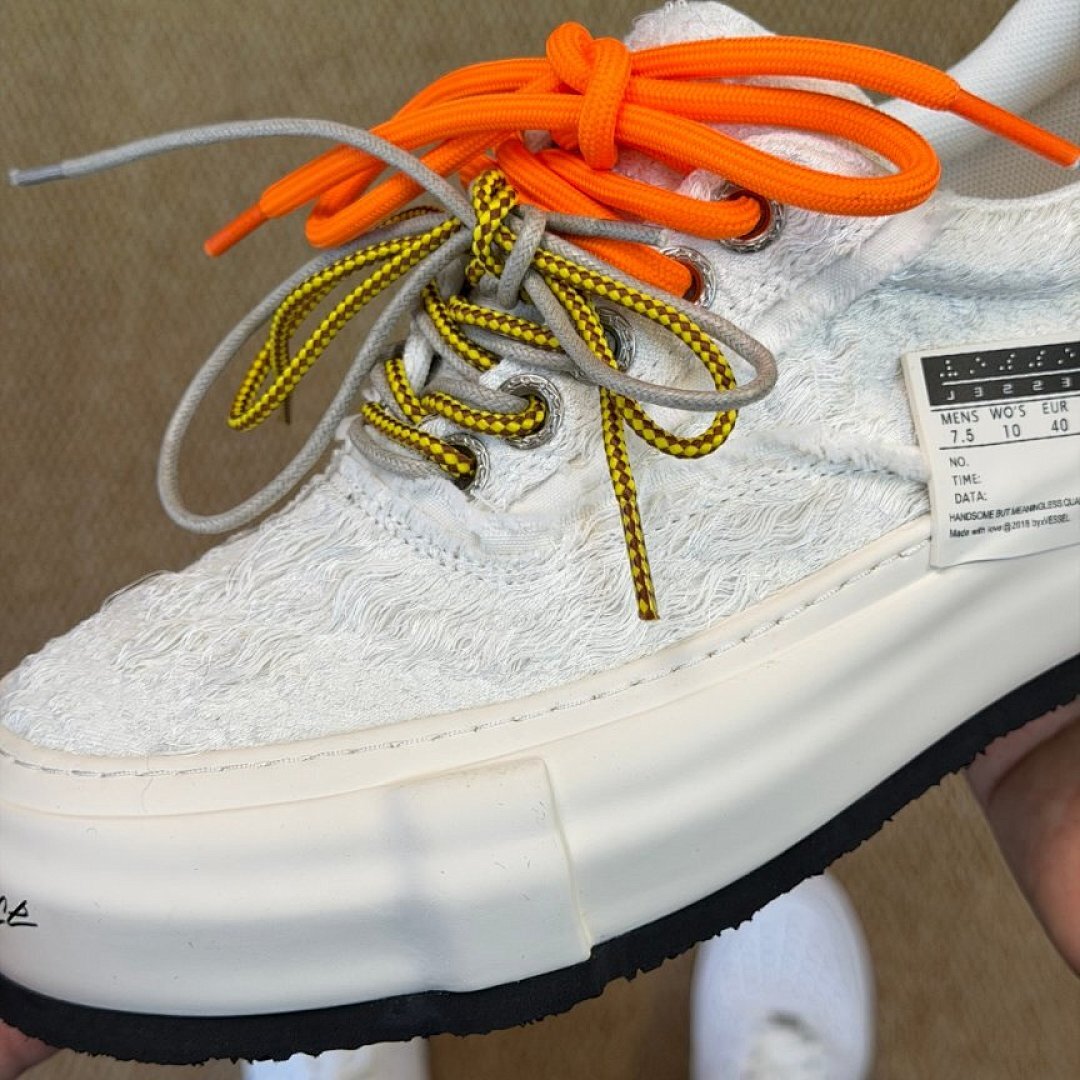 High Culture Deconstructed White Frayed Canvas Chunky Platform Sneakers with Orange Laces