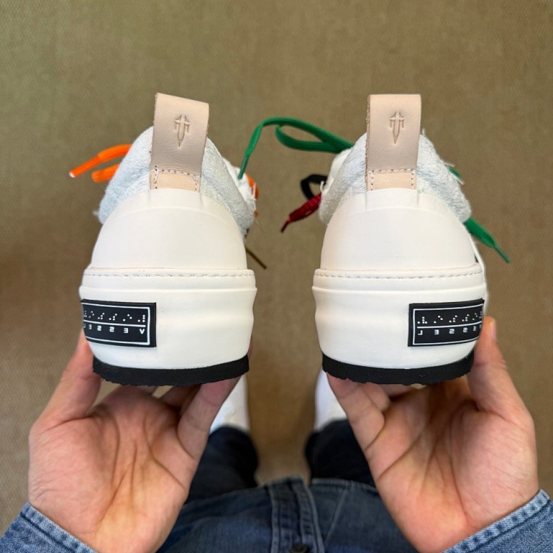 High Culture Deconstructed White Frayed Canvas Chunky Platform Sneakers with Orange Laces