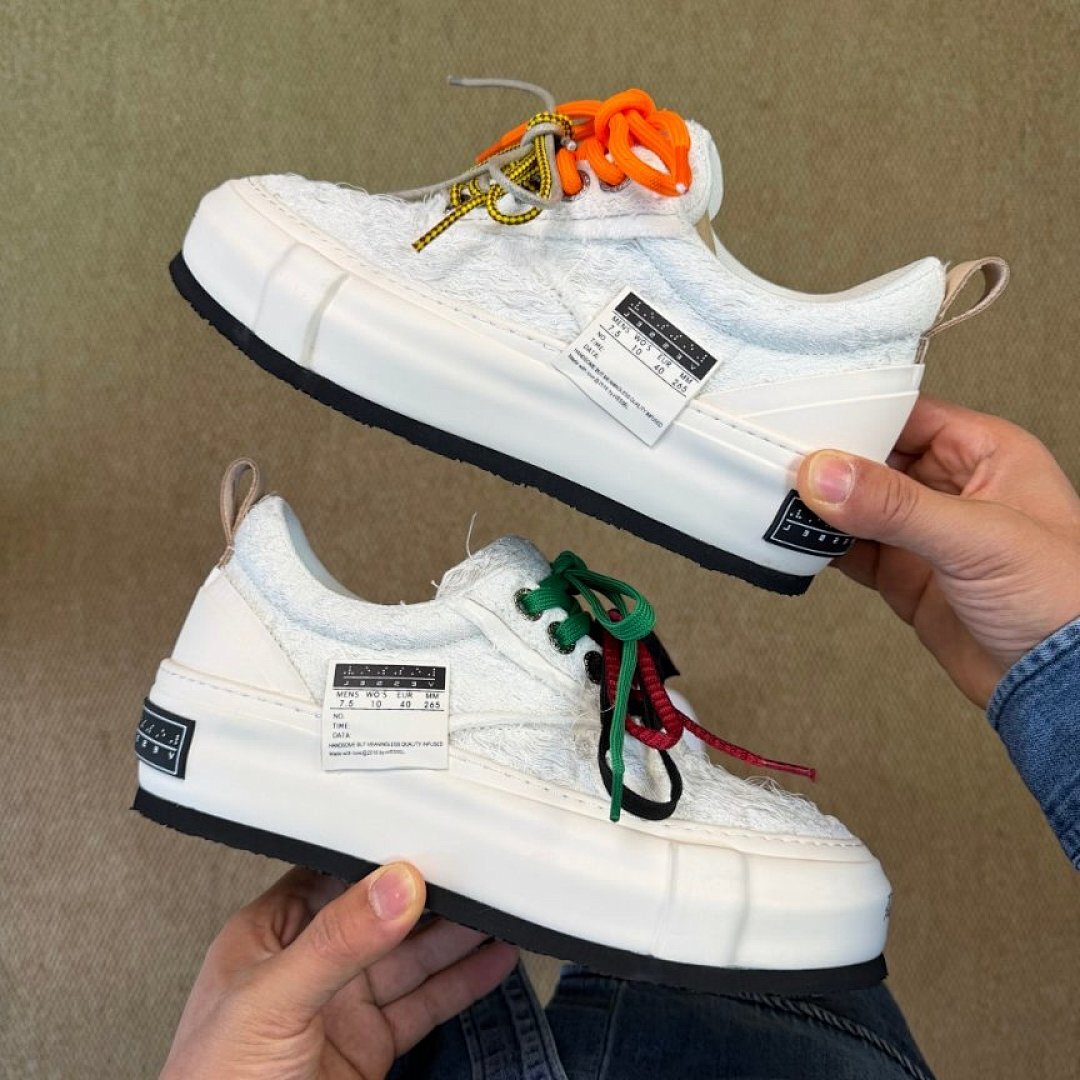 High Culture Deconstructed White Frayed Canvas Chunky Platform Sneakers with Orange Laces