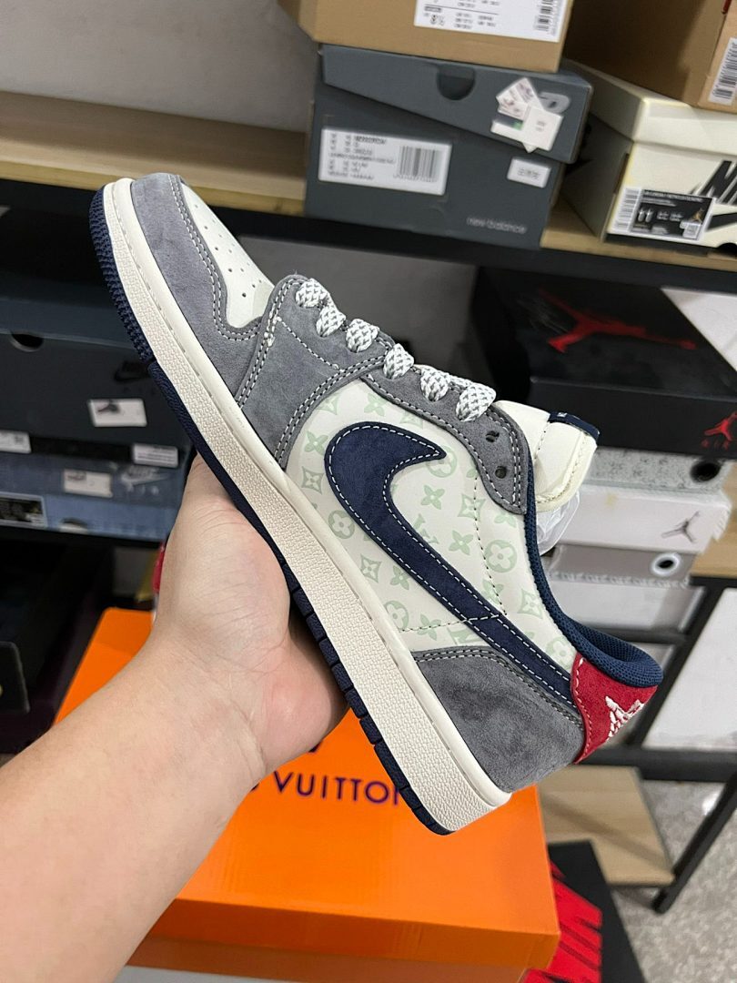 Air Jordan 1 Low LV Monogram Grey White Navy Red Sneakers