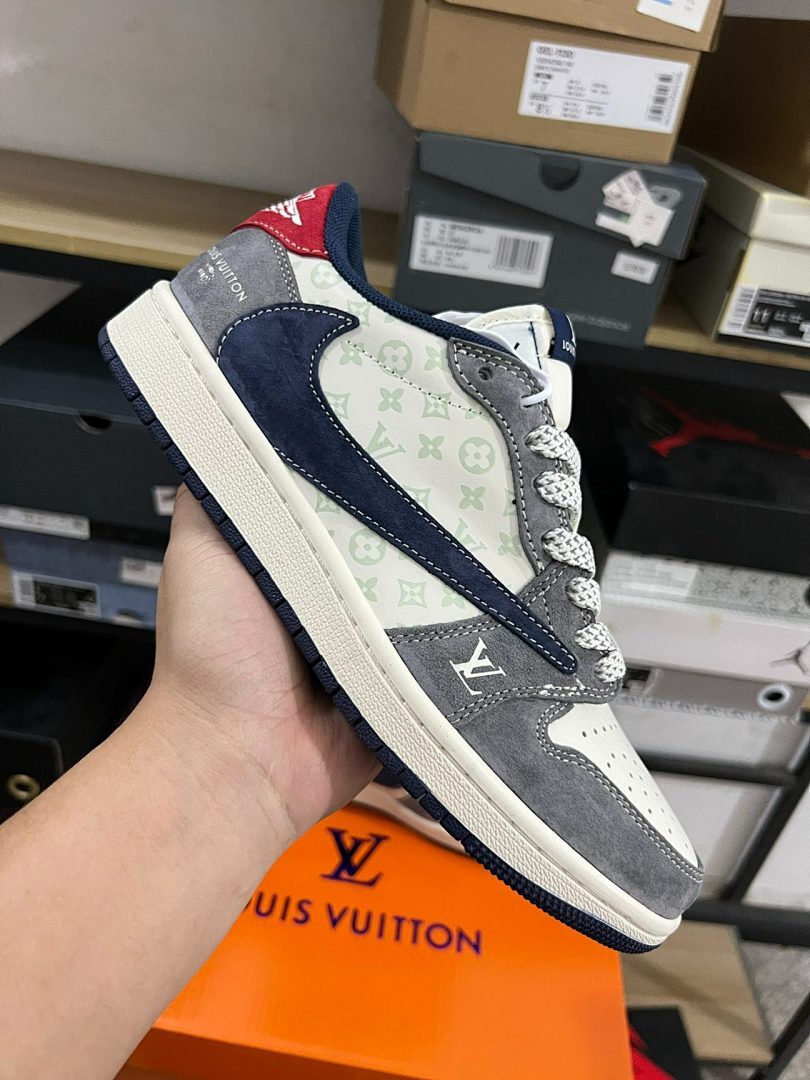 Air Jordan 1 Low LV Monogram Grey White Navy Red Sneakers