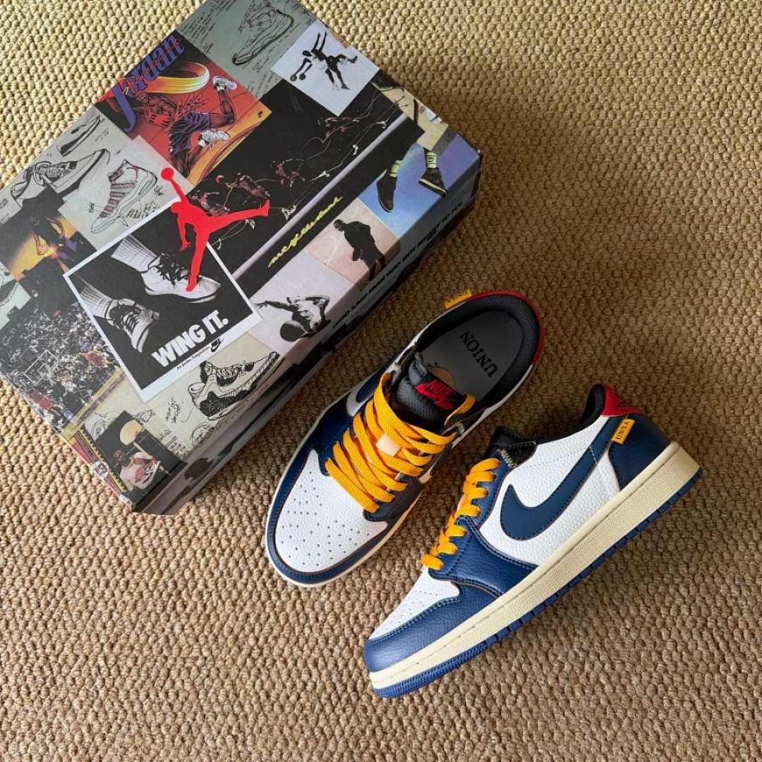 Nike Air Jordan 1 Low Union LA Sail Muslin Dark Powder Blue Gym Red Yellow Laces Men's Women's Sneakers