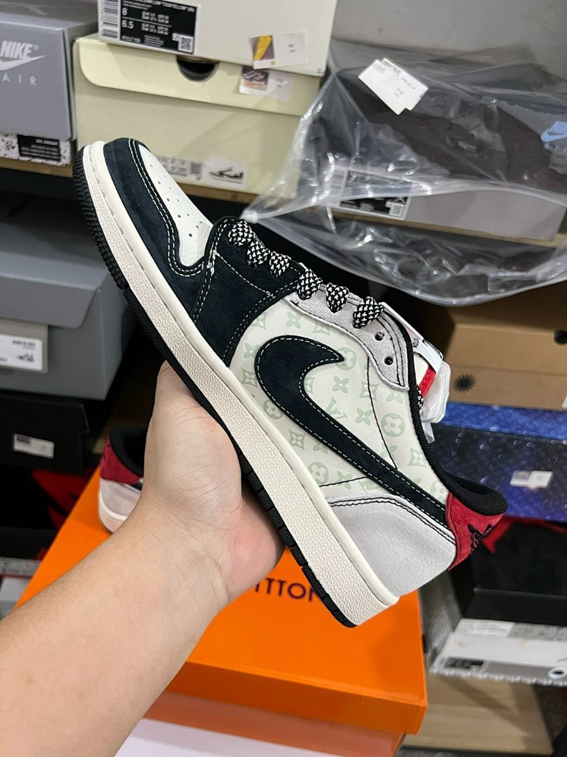 Jordan 1 Low Travis Scott Louis Vuitton LV Monogram Custom Sneakers Black White Red