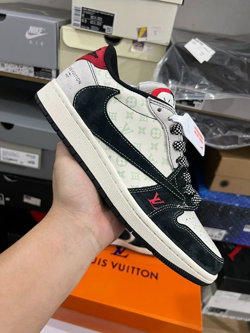 Jordan 1 Low Travis Scott Louis Vuitton LV Monogram Custom Sneakers Black White Red
