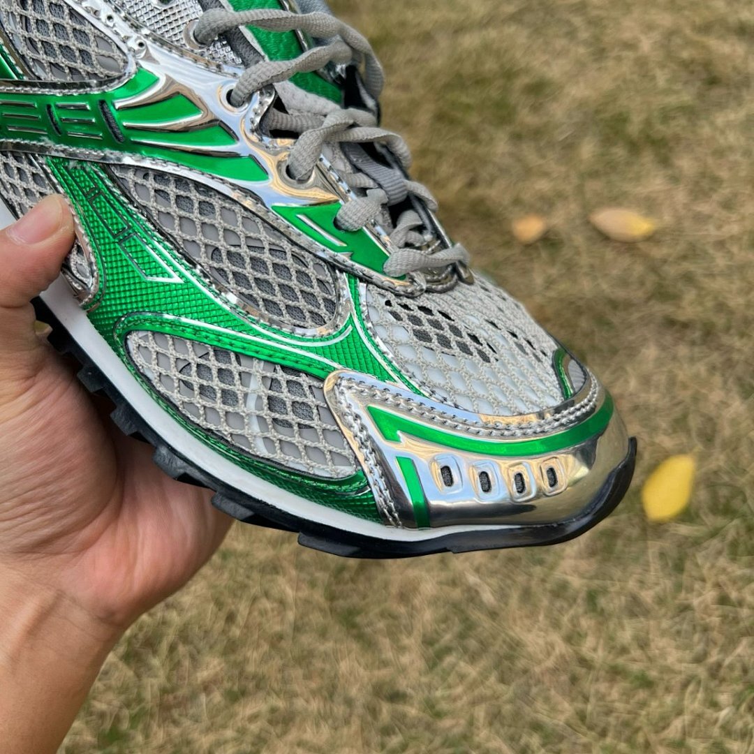 Bottega Veneta Orbit Sneakers Metallic Silver Kiwi Green Mesh Y2K Trainers