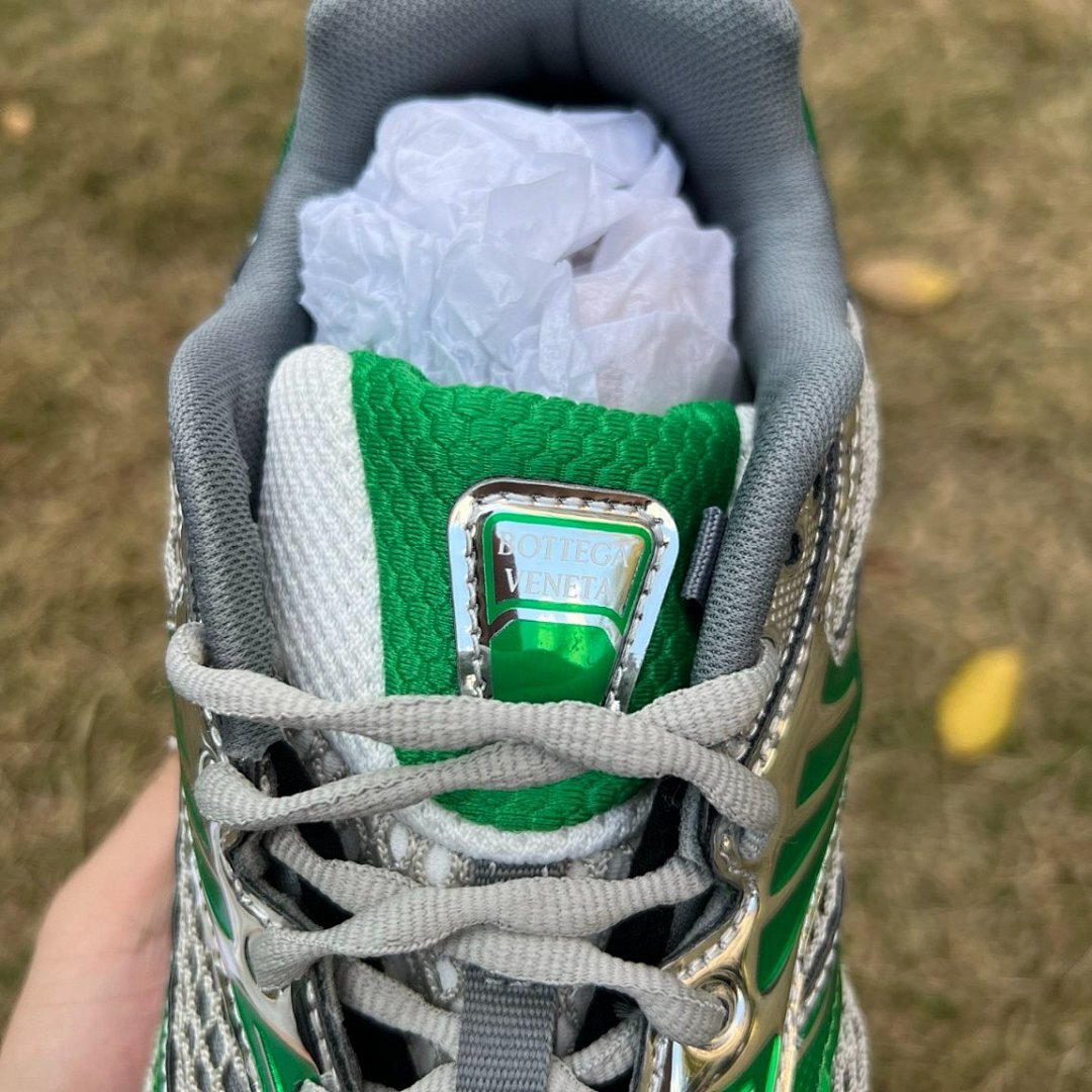 Bottega Veneta Orbit Sneakers Metallic Silver Kiwi Green Mesh Y2K Trainers