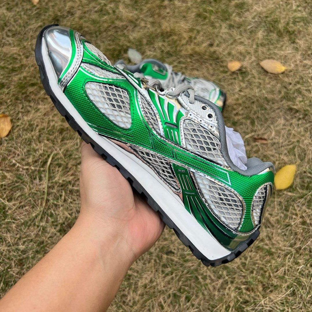 Bottega Veneta Orbit Sneakers Metallic Silver Kiwi Green Mesh Y2K Trainers
