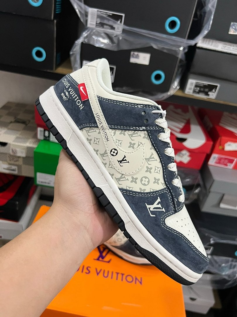 Louis Vuitton Nike Dunk Low Virgil Monogram Navy Cream Sneakers NI40