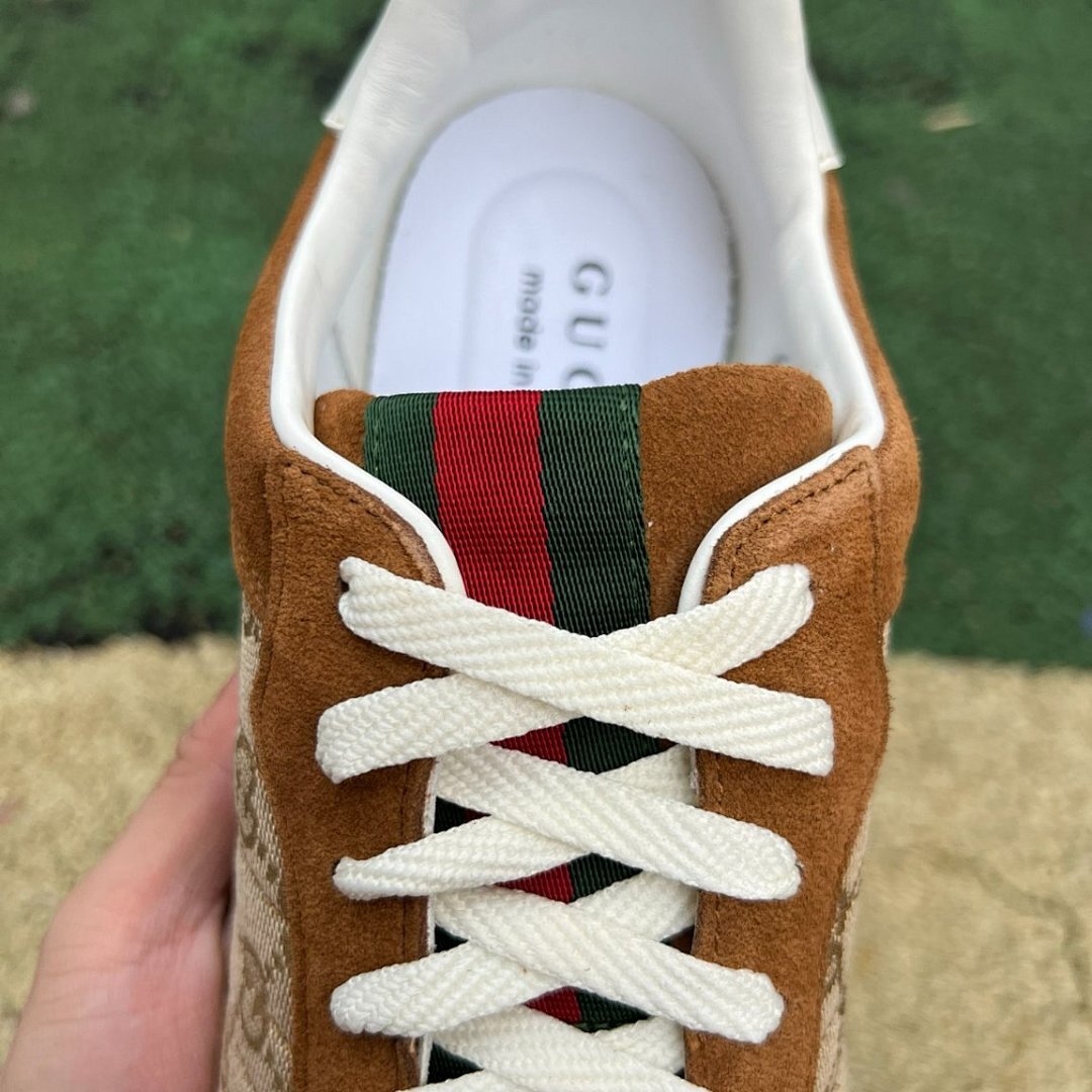 Gucci Run GG Canvas Suede Web Stripe Low-Top Sneakers Brown Beige