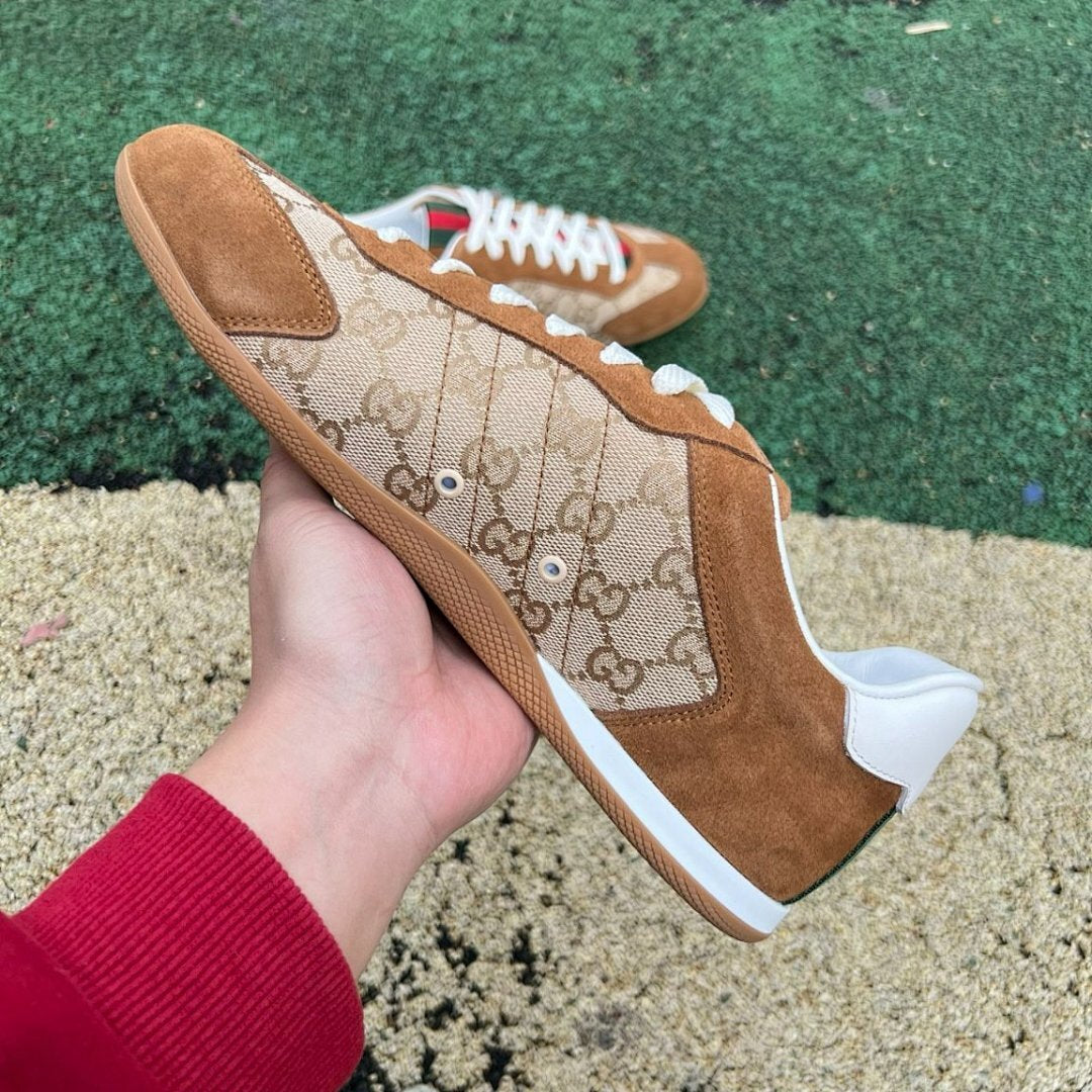 Gucci Run GG Canvas Suede Web Stripe Low-Top Sneakers Brown Beige