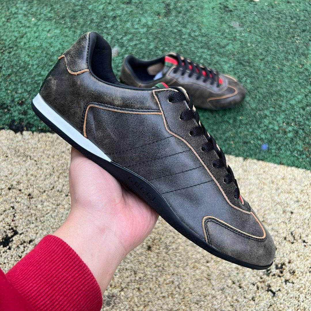 Gucci Men's Distressed Leather Web Stripe Low-Top Sneakers with Logo Print Sole 548695